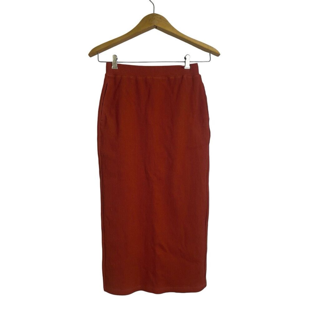 Uniqlo Ribbed Maxi Skirt Small Womens Burnt Orange Stretch Pockets Back Slit